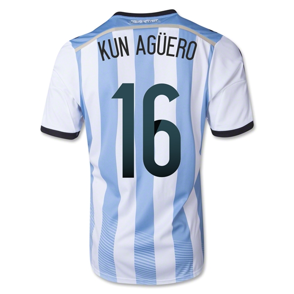 2014 Argentina #16 KUN AGUERO Home Soccer Jersey Shirt - Click Image to Close