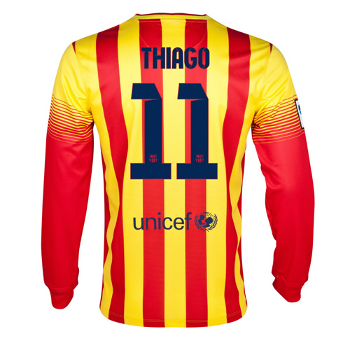 13-14 Barcelona #11 Thiago Away Long Sleeve Soccer Jersey Shirt - Click Image to Close