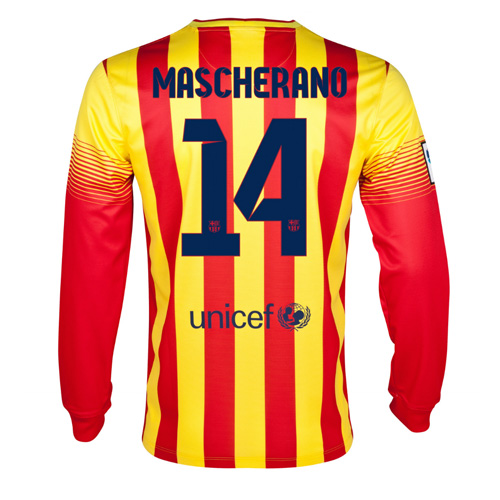 13-14 Barcelona #14 Mascherano Away Long Sleeve Soccer Jersey Shirt - Click Image to Close