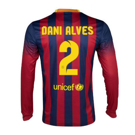 13-14 Barcelona #2 Dani Alves Home Long Sleeve Soccer Jersey Shirt - Click Image to Close