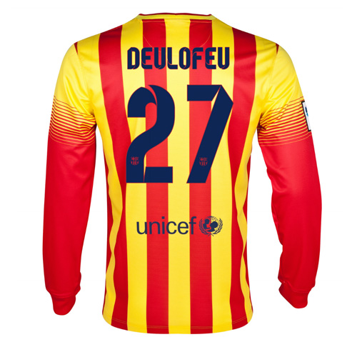 13-14 Barcelona #27 Deulofeu Away Long Sleeve Soccer Jersey Shirt - Click Image to Close
