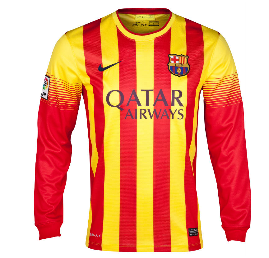13-14 Barcelona #5 Puyol Away Long Sleeve Soccer Jersey Shirt - Click Image to Close