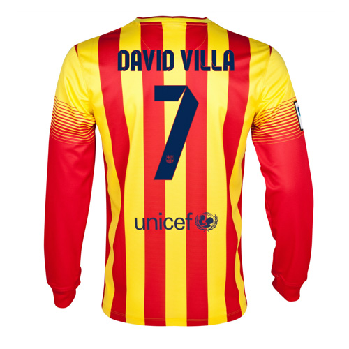 13-14 Barcelona #7 David Villa Away Long Sleeve Soccer Jersey Shirt - Click Image to Close
