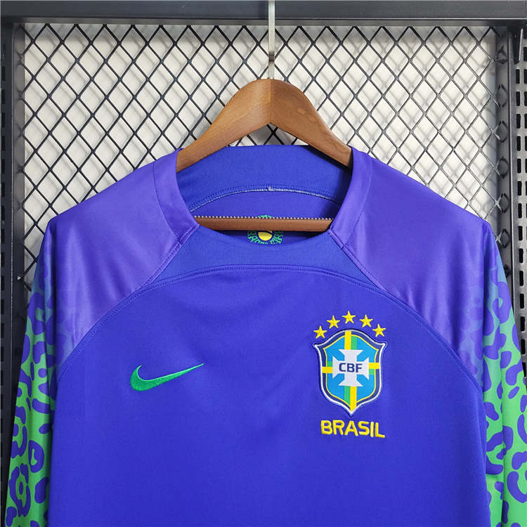 BRAZIL WORLD CUP 2022 AWAY BLUE LONG SLEEVE SOCCER JERSEY SHIRT - Click Image to Close