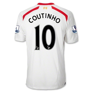 13-14 Liverpool #10 COUTINHO Away White Soccer Jersey Shirt - Click Image to Close