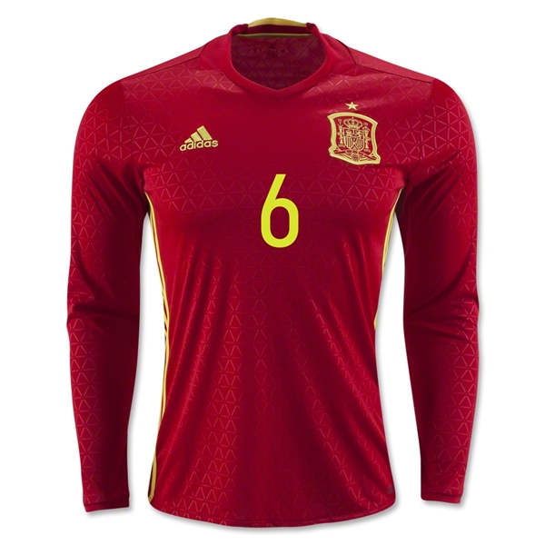 Spain LS Home 2016 A. INIESTA #6 Soccer Jersey - Click Image to Close